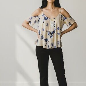 Lush Blue and Yellow Peach Floral Blouse Off Shoulder Spaghetti Strap Fits S-M